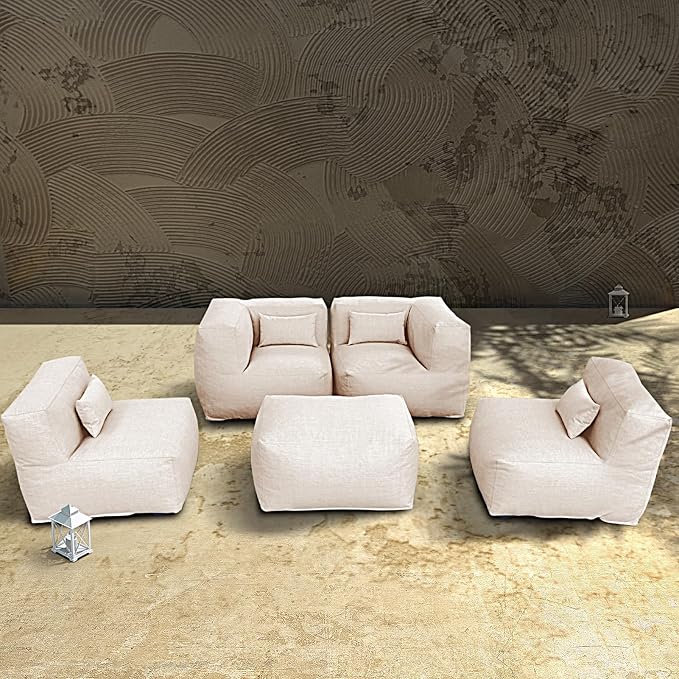 Patio Furniture Set Bean Bag Chairs Calaluna 5PC Outdoor Chairs Sectional Conversation Patio Set Daybed Furniture Outdoor Sofa Couch High Density Foam Filling Modern Comfy Patio Couch (Light Beige)