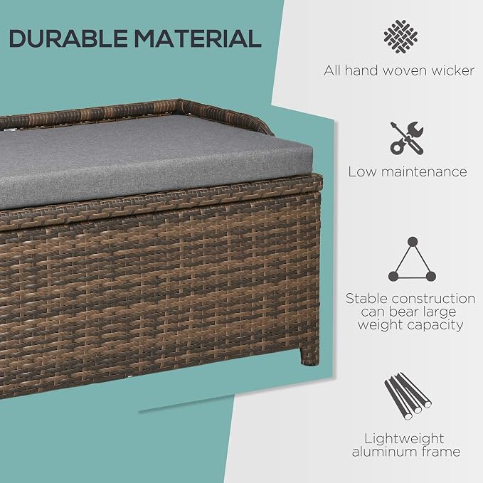 Outdoor Wicker Storage Bench Deck Box, PE Rattan Patio Furniture Pool Container Storage Bin with Interior Waterproof Bag and Comfortable Cushion, Gray