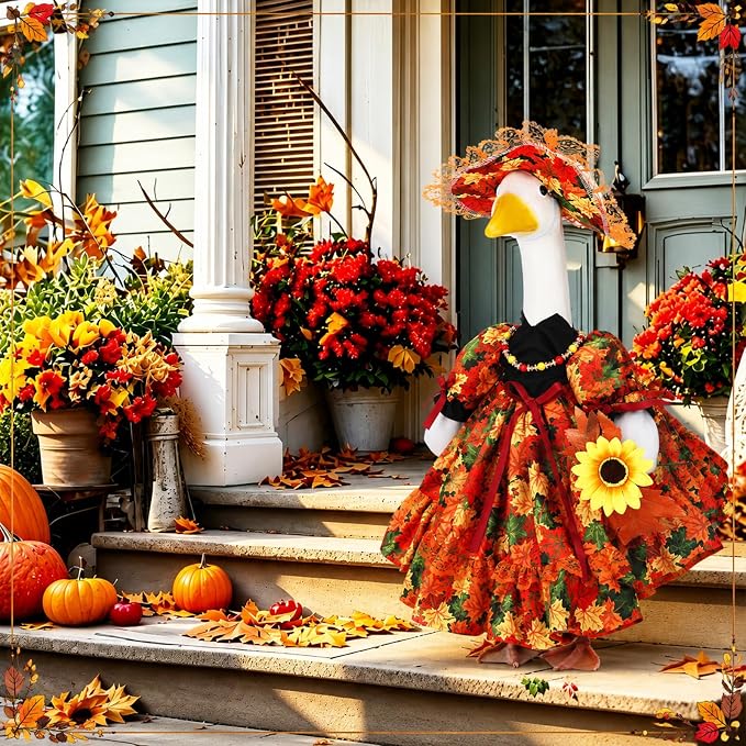 Suzile Fall Maple Porch Goose Outfit Goose Clothes for 23 Inch Cement or Plastic Geese Costume Dress for Yard Lawn Outdoor Garden Patio Duck Statue Autumn Thanksgiving Party Holiday Decor