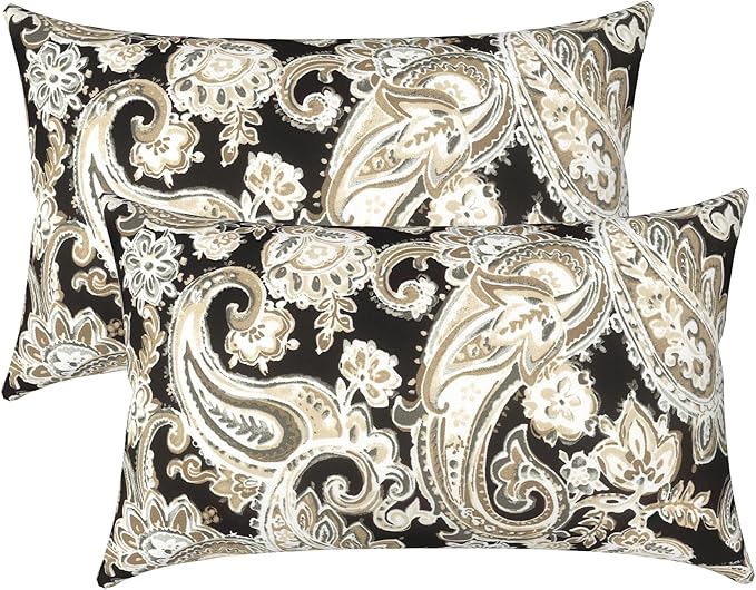 LVTXIII Outdoor/Indoor Lumbar Pillows, Decorative Patio Lumbar Cushions, Fluffy Fade Resistant Throw Pillow Cushions for Home Patio Coach Sofa, 12×20 Inch, Pack of 2, Paisley Black