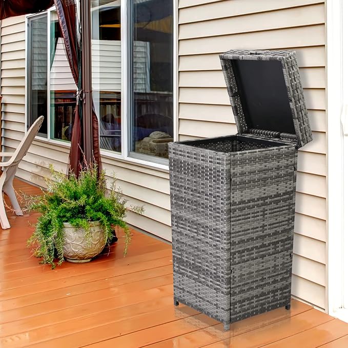 Rattan Trash Can, Deck Storage Box,Rattan Pool Storage Box with Lid & Top Cover Iron Frame, Garden Deck Bin Storage Bench Deck Box for Garden, Backyard, Pool (Grey)