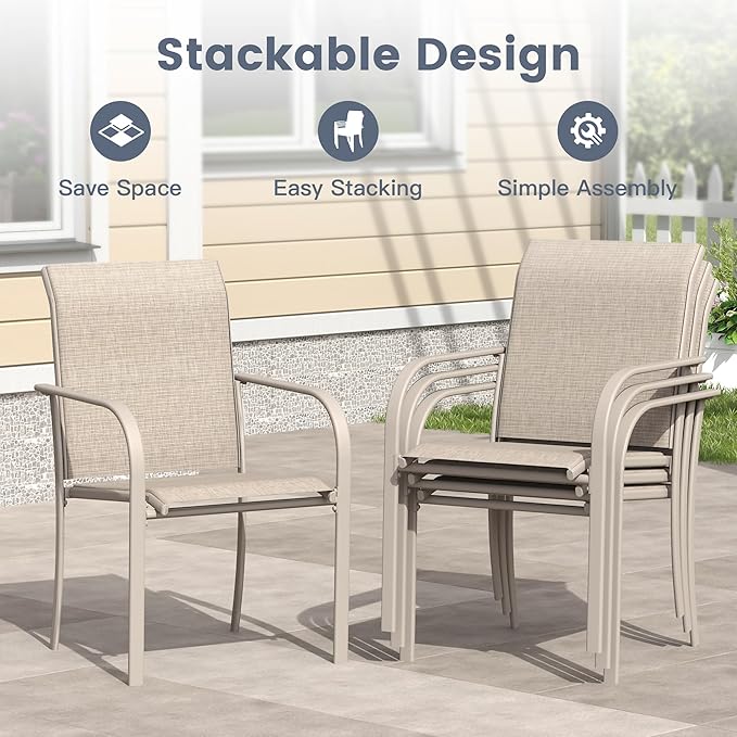 VICLLAX 9 Pieces Patio Outdoor Dining Set, 70" Outdoor Rectangular Metal Dining Table with Umbrella Hole and 8 Stackable Textilene Chairs for Lawn, Garden, Porch, Sandshell
