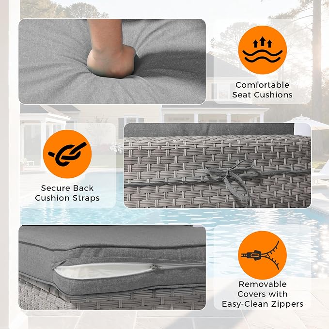 14-Seat Outdoor Wicker Patio Furniture Set with Fire Pit Table, Modular Rattan Sectional Sofa & 2 Swivel Rocking Chairs, 4" Thick Cushions, Rust-Resistant Frame,Gray
