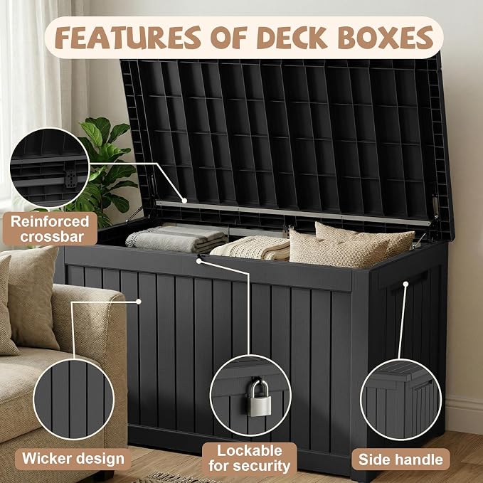 280 Gallon Outdoor Storage Deck Box Waterproof Resin Lockable Outside Bench Porch Patio Furniture Pool Float Garden Tool Cushion UV Resistant Bin Black