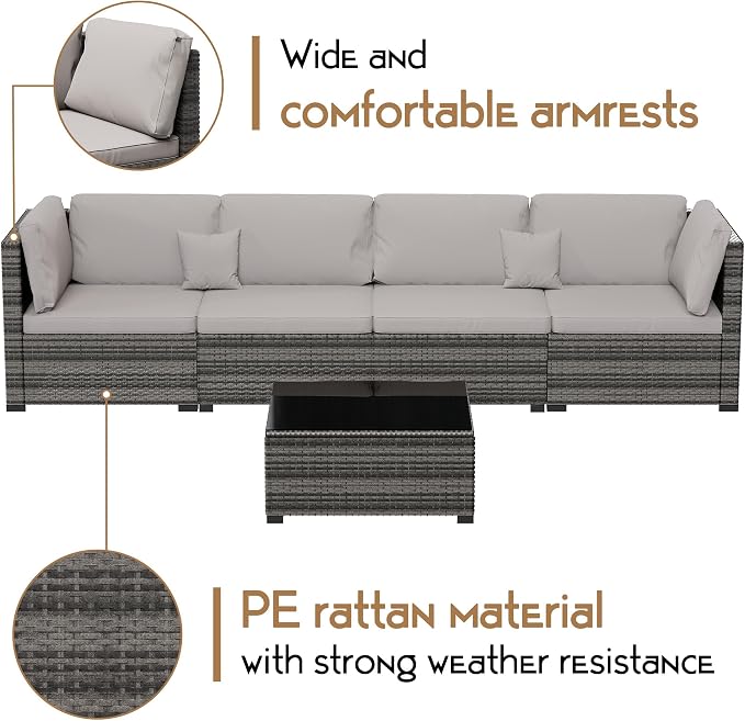 LHBcraft 7 Pieces Outdoor Furniture Set, Wicker Furniture Patio Conversation Sets with Tea Table and Thickened Beige Cushions,Grey Outdoor Patio Sectional Sofa for Garden, Poolside, Backyard
