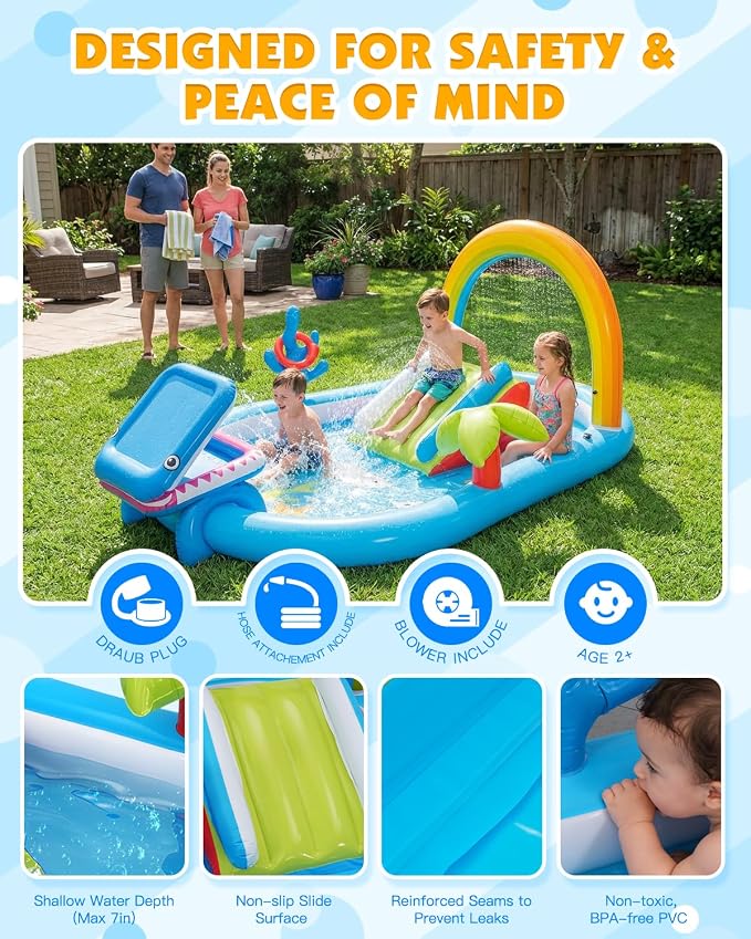 Whubefy Inflatable Kids Play Center Outdoor/Indoor 98 × 64 × 39 in Kid Pool Slide, with Water Sprayer, Waterfall, and Ocean Ball, Multicolor (with Blower)