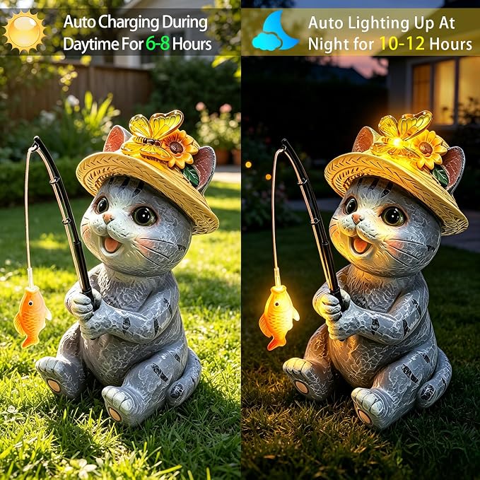 Solar Garden Cat Statues, Outdoor Fishing Cat with Butterfly Solar Lights | Birthday Gifts for Cat Lovers Mom Women, Waterproof Garden Figurines for Yard Decor, Patio Porch Lawn Ornaments