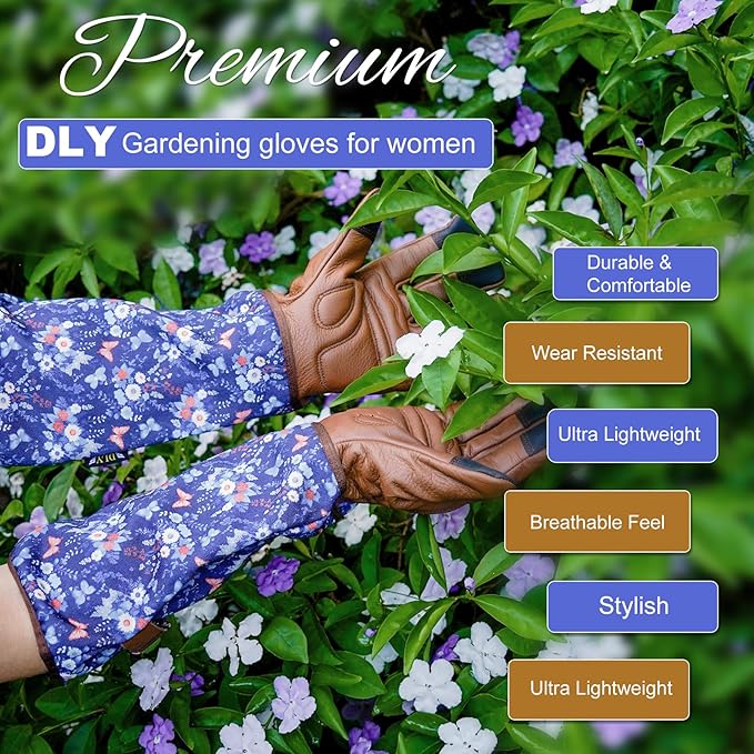 DLY Garden Gloves for Women,Gardening Gloves,Garden Gift for Lady,Brown,S | Thornproof Cowhide Palm, Foam-Padded Grip, Long Blue Floral Print Cuff, 3-Finger Touchscreen, Pruning, Planting & Yard Work