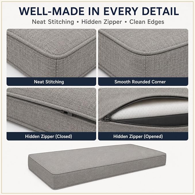 Custom Window Seat Cushion, Bench Cushion Made to Fit | 75D high-density foam, fabric, thickness and shape options, hidden zipper, optional piping, non-slip bottom, indoor furniture