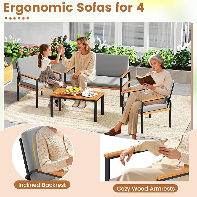 Tangkula 8 Pieces Patio Furniture Set, Outdoor Conversation Set with Acacia Wood Coffee Table, Cushioned Loveseat & 2 Single Armrest Chairs, for Porch, Garden, Backyard, Poolside