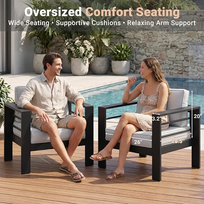 Solaste Aluminum Patio Loveseat, Metal Patio Sofa with Water-Resistant Cushion, Weather-Resistant Modern Outdoor Loveseat, Black Frame Grey Cushion