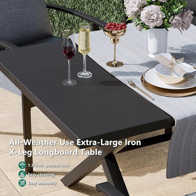 Kullavik 14 Pieces Outdoor Dining Set,Patio Dining Table and Chairs Set for 12,Fence Pattern Back Chairs with Thickened Cushions & Rectangular Metal Dining Table with Umbrella Hole for Patio,Grey