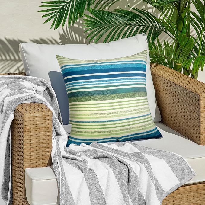 18x18 Waterproof Outdoor Pillows, Set of 2 Outdoor Throw Pillows | Patio Furniture Pillows, Fluffy Decorative Pillows, Waterproof &Fade Resistant, Removable & Washable, Stripe Blue Green