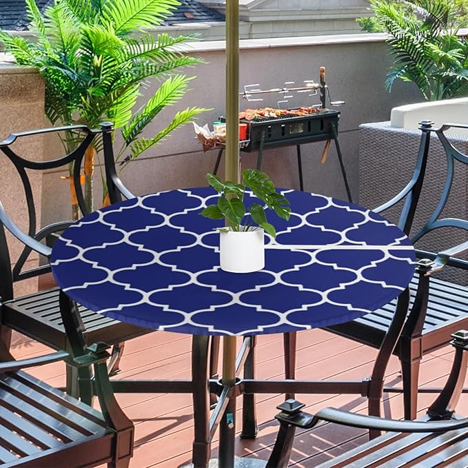 Fitted Round Tablecloth with Umbrella Hole and Zipper Navy Blue Outdoor Elastic Table Cloth 45"-56" Oil-Proof Waterproof Moroccan Patio Table Cover for Dining Picnic Party Camping