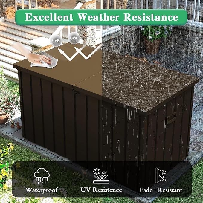 200 Gallon Outdoor Storage Deck Box, Lockable Mobile Rolling Metal Storage Bin, Waterproof UV Resistant Large Container Organizer for Patio Garden Yard,Brown