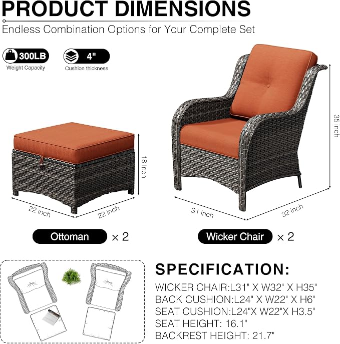 Joyside 4 Piece Wicker Patio Furniture Set, Rattan Patio Chairs with High Back, Deep Seating, Wide Armrest, Thickened Cushions, Outdoor Furniture for Deck, Porch Use