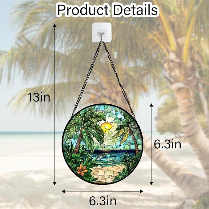 DASTOLL Stained Glass Window Hanging, Green Beach Scenery Suncatcher Diamond Glass Panel Hangings Sun Catchers Decor for Birthday for Women, Men, Wife, Aunt, and Mom 6.3 in
