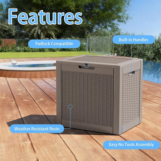Outdoor Waterproof Resin Storage Deck Box Lockable Outside Bench UV Resistant Bin Patio Porch Furniture Pool Float Garden Tool Cushion Grey 36 Gallon