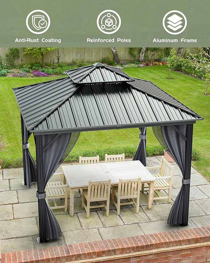10x10 FT Hardtop Gazebo with Double Metal Roof, Aluminum Frame Permanent Pavilion with Curtains and Netting, Outdoor Gazebo for Patio Backyard Lawns