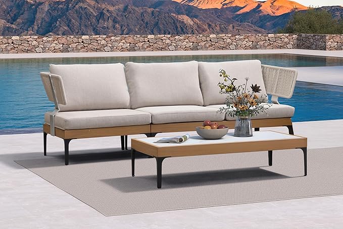 PURPLE LEAF Outdoor 3 Seater Wicker Sofa 82" Patio Couch with Tables Modern Aluminum Sofa Couch for Backyard Porch Apartment Living Room Bedroom, Cushions Included