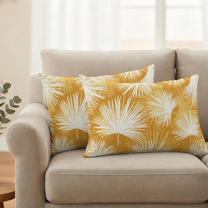 Lumbar Pillow Covers 20x12 Inch Set of 2, Golden Yellow Palm Leaves Waterproof Outdoor Pillow Covers, Summer Tropical Botanical Decorative Cushion Pillowcases for Couch, Sofa, Bed, Garden, Patio