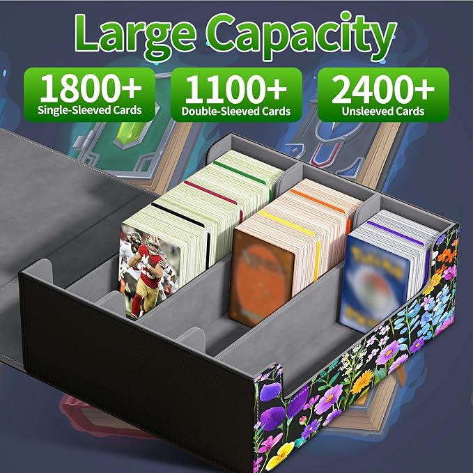 Card Deck Box for MTG, Cards Storage Box Fits 120+ Sleeved, Leather Big Size Strong Magnetic Closing Case for Board Games Magic TCG CCG Baseball Collection Women Man, Purple Wildflower
