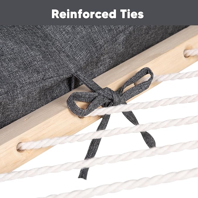 SUNCREAT Double Outdoor Rope Hammock, Polyester Rope Hammock with Extra Large Pillow, 450 lbs Capacity, Gray
