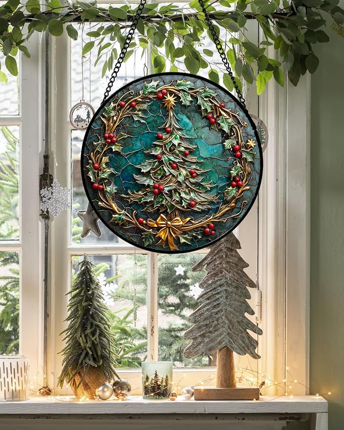 DASTOLL Stained Glass Window Hangings - Red Gold Green Wreath Suncatcher for Door Home Christmas Tree Decoration Sun Catcher Thanksgiving New Year Birthday Gift for Women Men Mom Grandma 11.8 in