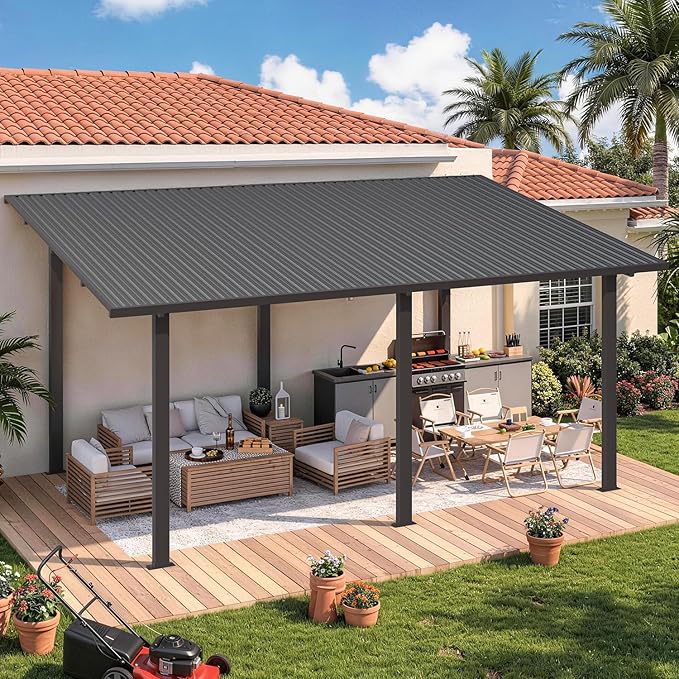 AECOJOY 16' x 10' Outdoor Lean to Hardtop Gazebo for Patio, 10x16 Large Galvanized Steel Wall-Mounted Pergolas and Gazebos Clearance, Metal Patio Roof Awnings for Backyard, Decks