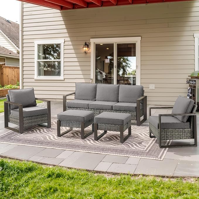 Belord 5 Piece Outdoor Wicker Patio Conversation Furniture Set Deep Seating, Metal Wide Armrests Patio Sofa Set with Rattan Chairs Ottomans for Porch Deck Sunroom Backyard