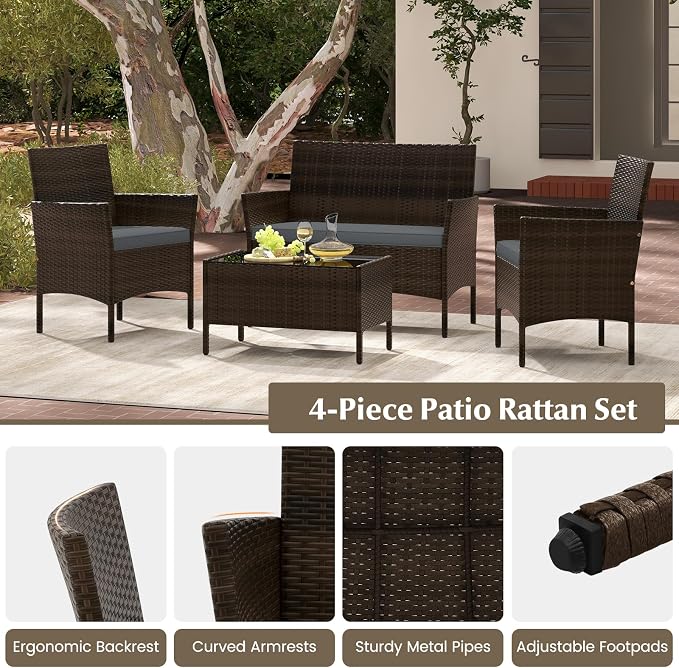 Tangkula 4 Piece Patio Rattan Conversation Set, Outdoor Wicker Furniture Set with Chair, Loveseat & Tempered Glass Table, Cozy Seat Cushions, Outside Sectional Sofa Set for Backyard, Porch (1,Grey)