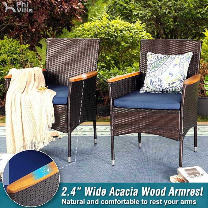 PHI VILLA 5pc Patio Dining Set with Umbrella, Square Table, Rattan Chairs | 37" Wood-like Metal Table, Cushioned PE Rattan chairs, 10ft Beige 3 Tier Auto-tilt Umbrella (Base Not Included)