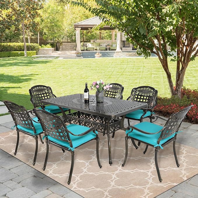 MEETWARM 7-Piece Outdoor Furniture Dining Set, All Weather Cast Aluminum Patio Garden Set with 6 Chairs, 6 Cushions, 1 Rectangular Table, 2" Umbrella Hole, Dark Bronze, Ocean Blue