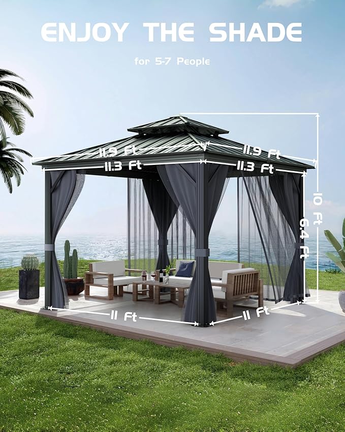 GarveeLife Hardtop Gazebo 12 ft x12 ft for All Weather, with Double Metal Roof, Aluminum Alloy Frame, Net, and Curtain, Permanent Building for Patio, Deck, Backyard, Lawn, and Garden