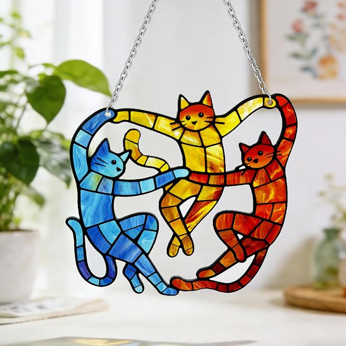 Cat Stained Glass Suncatcher Window, Hanging Sun Catchers Indoor Window, Suncatcher for Mom/Women (Dancing Cat)