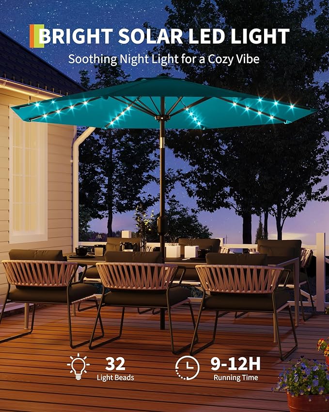 9FT Outdoor Patio Umbrella, 8 Ribs Market Table Umbrella with Solar Light & Tilt & Crank, UV-Resistant Waterproof for Pool, Deck, Backyard, Red