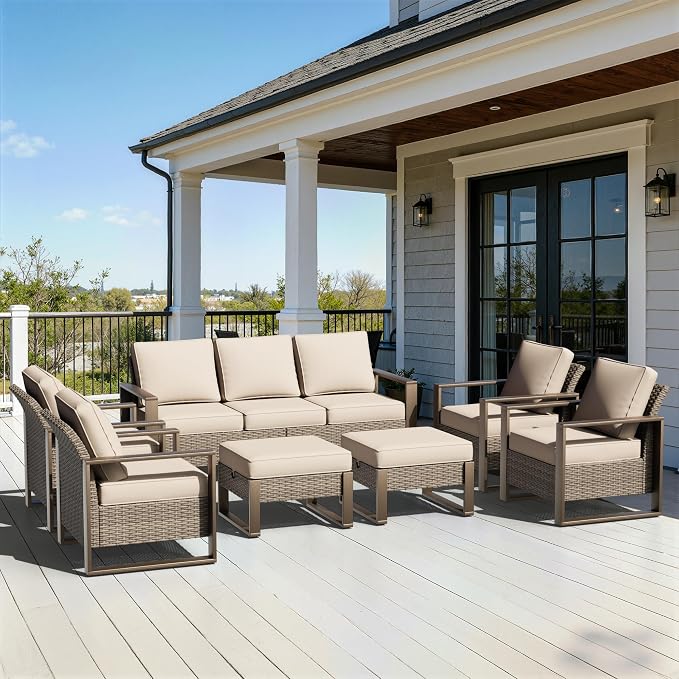 7 Pieces Metal Wicker Patio Furniture Set - 75" Sofa, Four Armchairs and Two Ottomans, All Weather Rattan Outdoor Conversation Furniture with Washable Cushion for Deck Porch, Beige