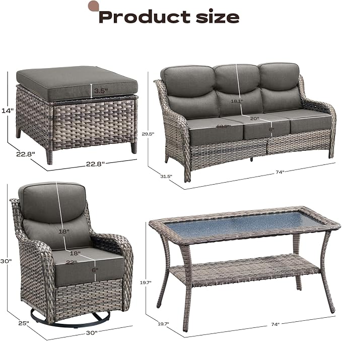 Rilyson Wicker Outdoor Patio Furniture Set - 8 Piece Patio Conversation Sets with Swivel Rocker Chairs, Ottomans, Sofa and Table, 6 inch Cushions, Deep Seating, for Porch Deck Mixed Grey/Grey