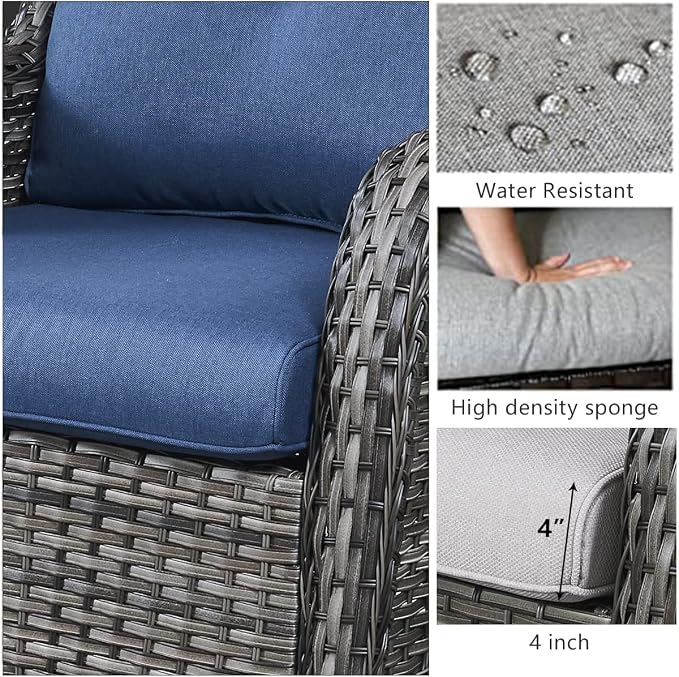 HUMMUH Patio Furniture 6 Pieces Outdoor Furniture Set Wicker Outdoor Sectional Sofa with Swivel Rocking Chairs,Patio Ottomans,Patio Coffee Table, Grey/Blue