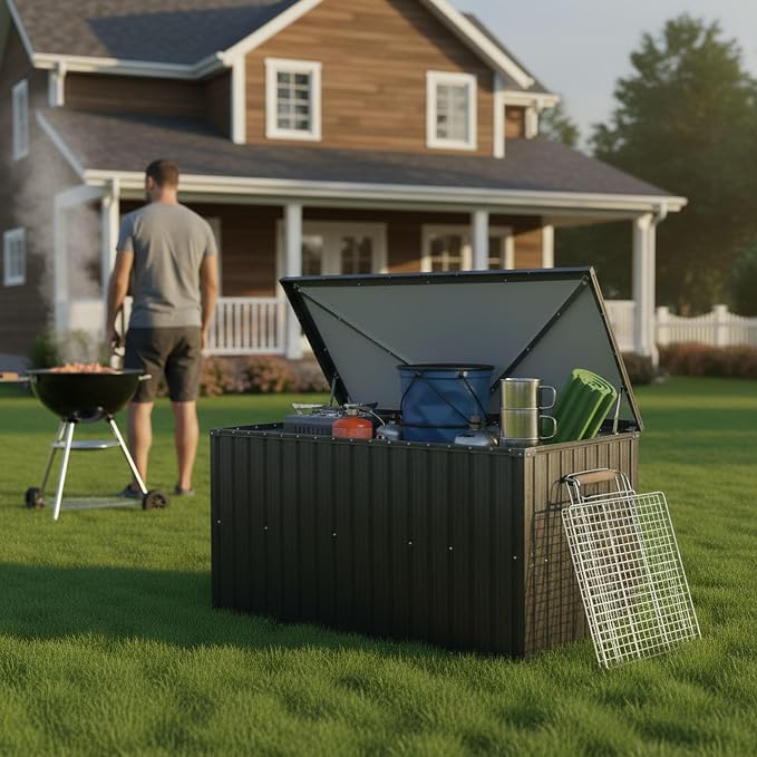 215 Gallon Outdoor Storage Box, Pool Storage Bin with Lockable Lid for Patio Furniture, Pool Supplies, Garden Tools