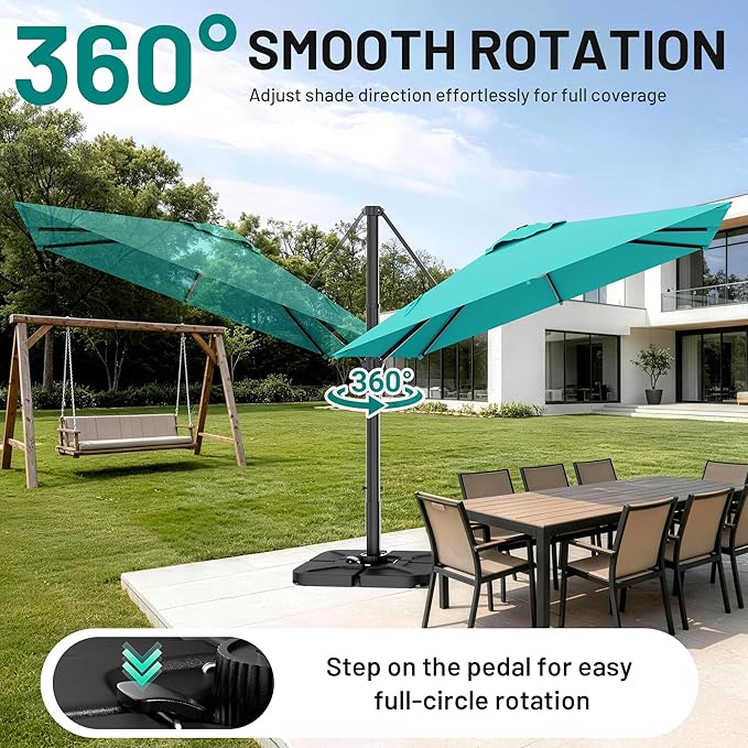 AreShark 8 × 8FT Square Cantilever Patio Umbrella with Base Included, 360° Rotation Offset Outdoor Umbrella, 5 Tilt Settings Heavy Duty Hanging Parasol for Deck Garden Pool, Peacock Blue