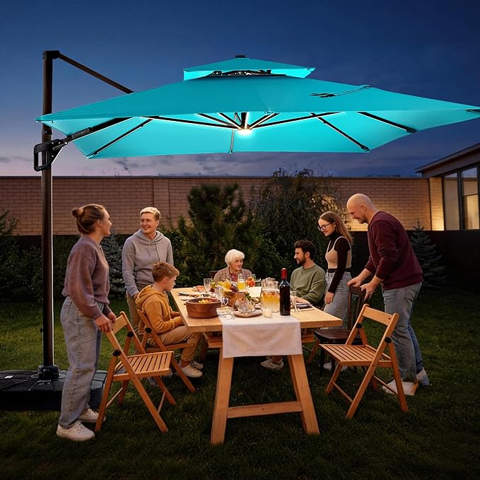 JZAC & QZYD 9x12 FT Outdoor Cantilever Patio Umbrella with LED Lights, Large Heavy Duty 2-Tier Aluminum Offset Umbrellas with 360-Degree Rotation for Pool Deck, Turquoise