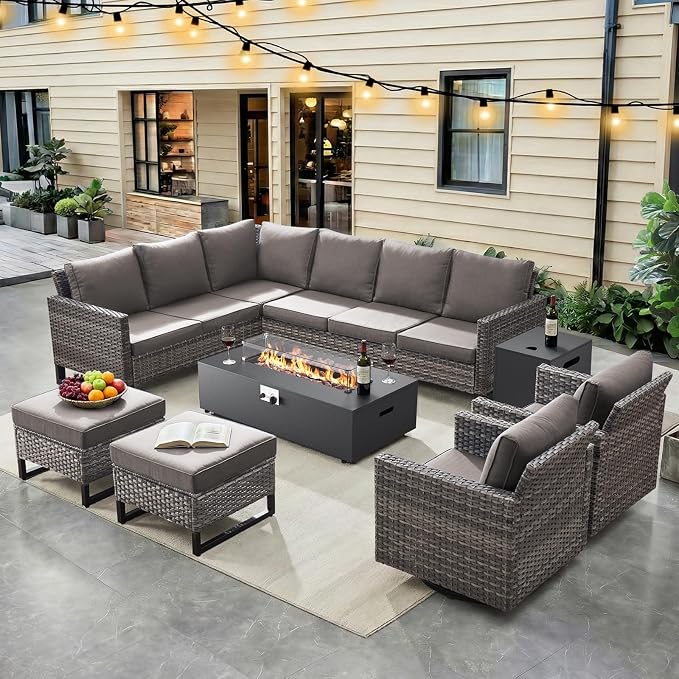 HUMMUH 9 Piece Patio Furniture Set,Outdoor Sectional Sofa Couch & Swivel Rocker Chairs,Propane Firepit with Hidden Fuel Tank,Outdoor Conversation Set for Porch,Garden,Backyard