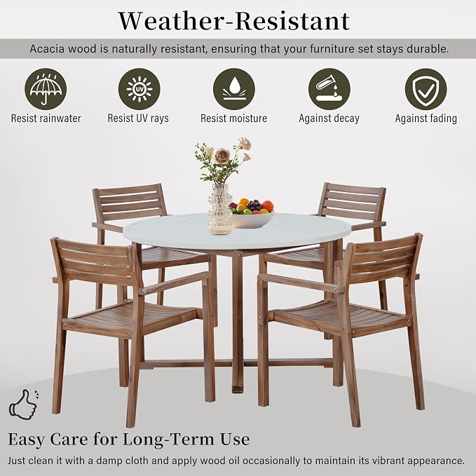 5 Pieces Outdoor Acacia Wood Dining Table Set with 47.2" L Slatted Round Table and 4 Chairs, Modern Patio Dinner Set with Cushions for Backyard, Lawn, Garden, Poolside or Indoor, Light Gray
