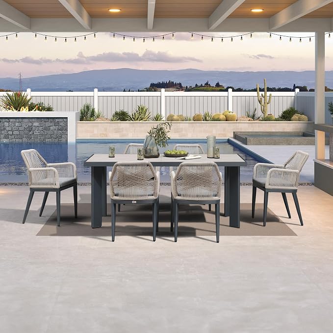 PURPLE LEAF 7 Pieces Patio Dining Set Aluminum Modern Rectangular Table and Rattan Arm Chairs with Cushions for Kitchen Porch Garden Outdoor Furniture Sets, Beige and Dark Grey
