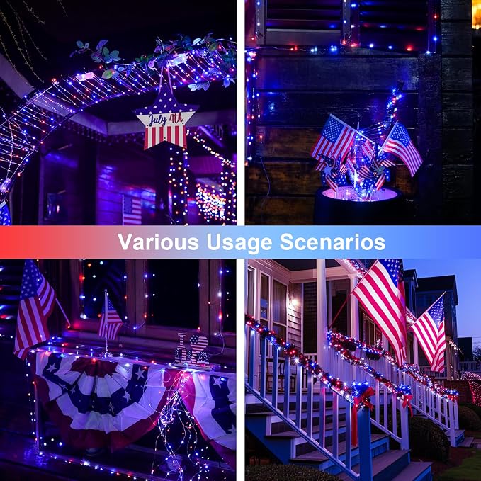 JMEXSUSS 2 Pack Solar Fairy Lights, Each 100 LED 33FT, Red White and Blue | Outdoor Waterproof, 4th of July Solar String Lights for Independence Day Outside Patio Yard Garden Decorations