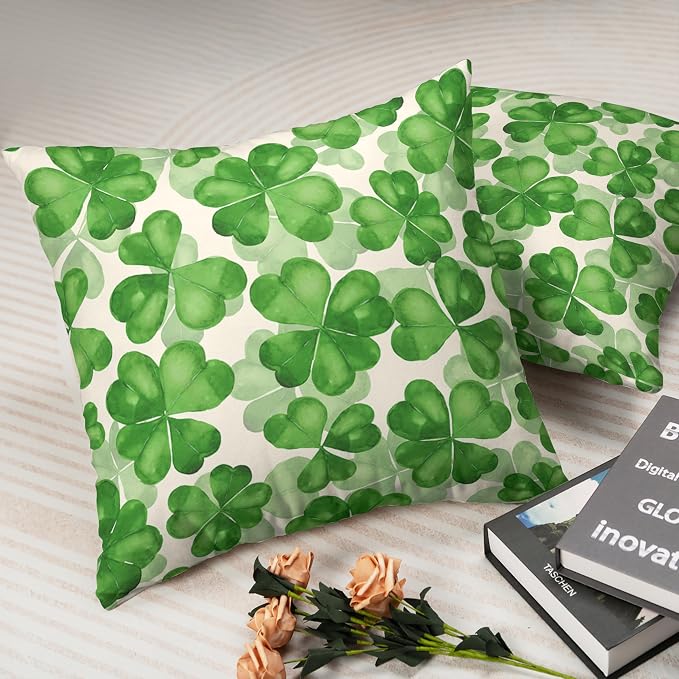 Saint Patricks Day Pillow Covers 18x18 Green Clover Pillow Case Set of 2 Lucky Charm Throw Pillow Covers St Patricks Cotton Blend Cushion Case for Living Room Sofa Couch
