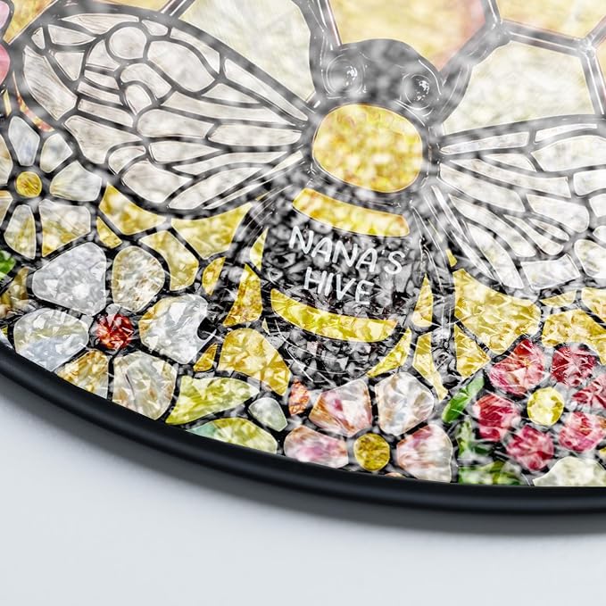 LOVELYPOD Custom Grandma’s Bee Stained Glass Sun Catcher, Personalized Window Hanging Sun Catcher with Kids Name, Nana’s Blessings, Gifts for Mom Grandma, Personalized for Grandma