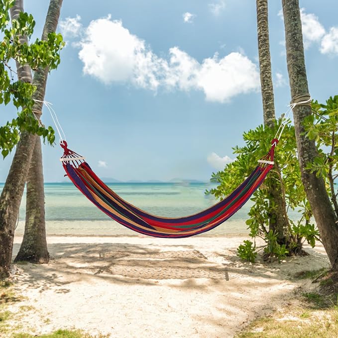 Outdoor Camping Hammock for One Person, Heavy-Duty Canvas Fabric with Anti-Tip Design, 200X80Cm Striped Portable Tree Swing for Garden and Travel Use