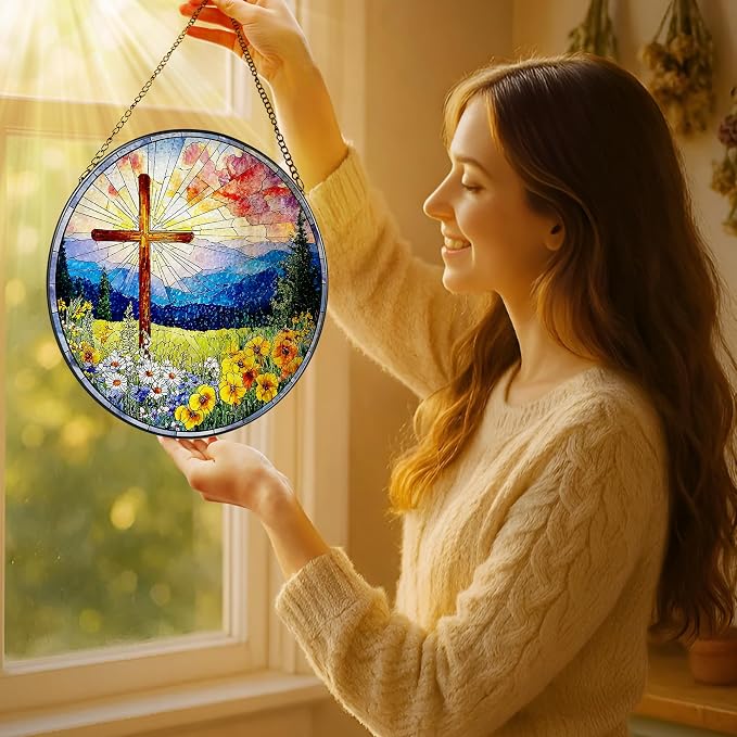 8 Inch Christian Cross Sun Catcher, Stained Glass Window Hanging, Religious Suncatcher for Windows, Sun Catchers Indoor Window, Christian Gifts, Religious Cross Gifts, Faith Home Decor